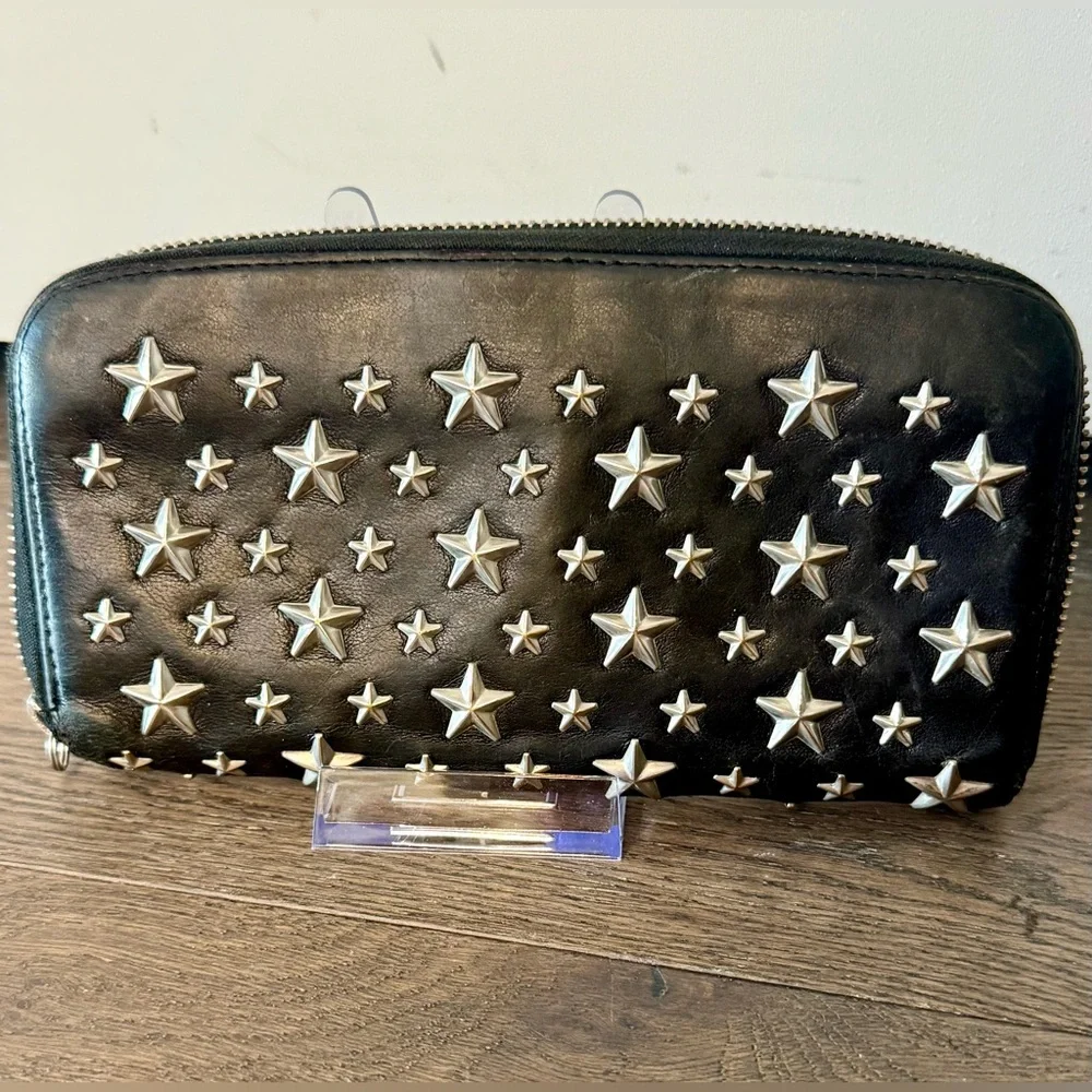 Jimmy Choo Black Star-Studded Leather Zip Wallet 8x4” - Picture 4 of 12